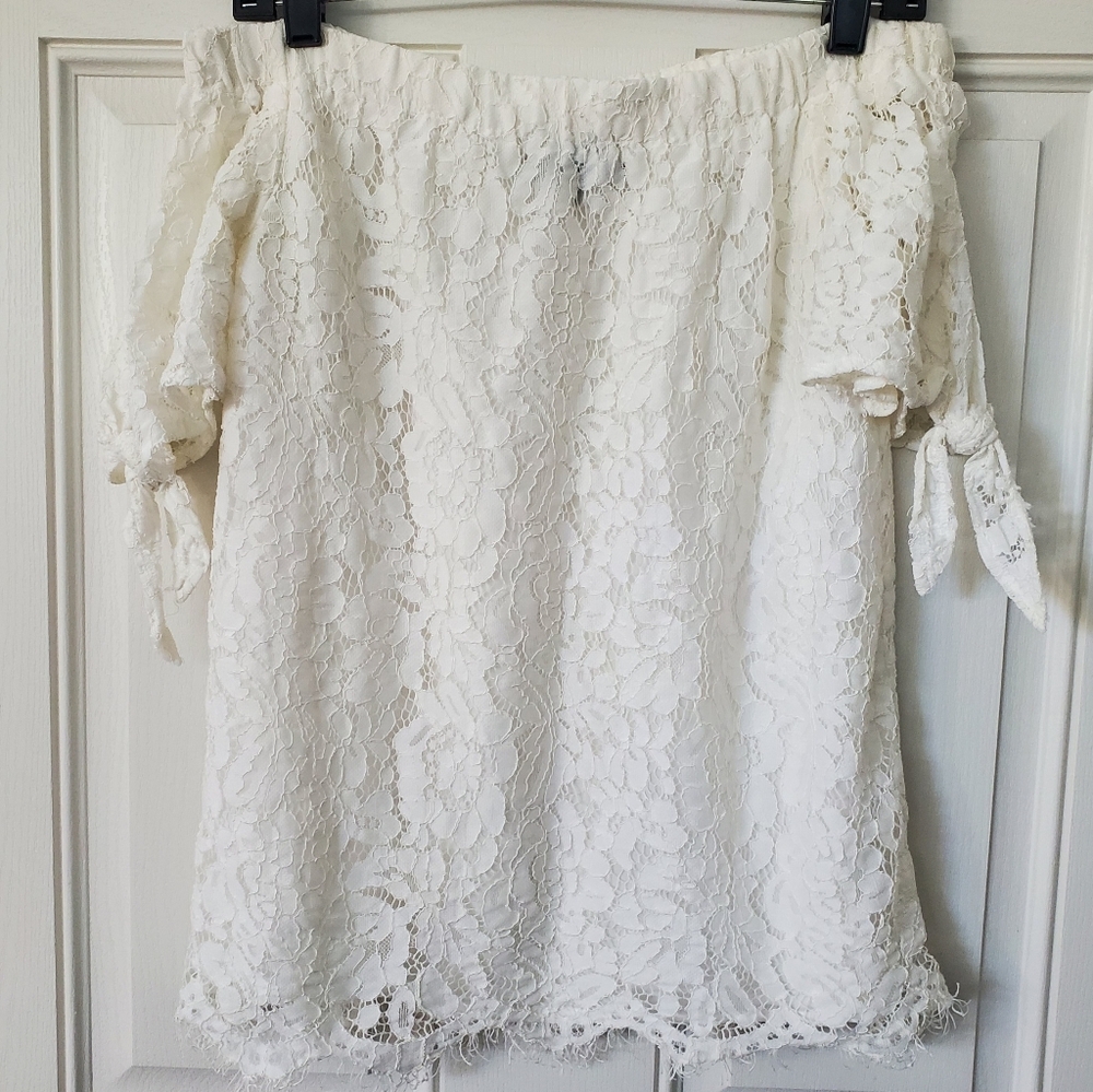 LuLus Lace Off-Shoulder Top White XSu Short Tie Sleeves Eyelash Hem